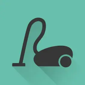 Piktogramm eines Staubsaugers auf türkisem Hintergrund. 